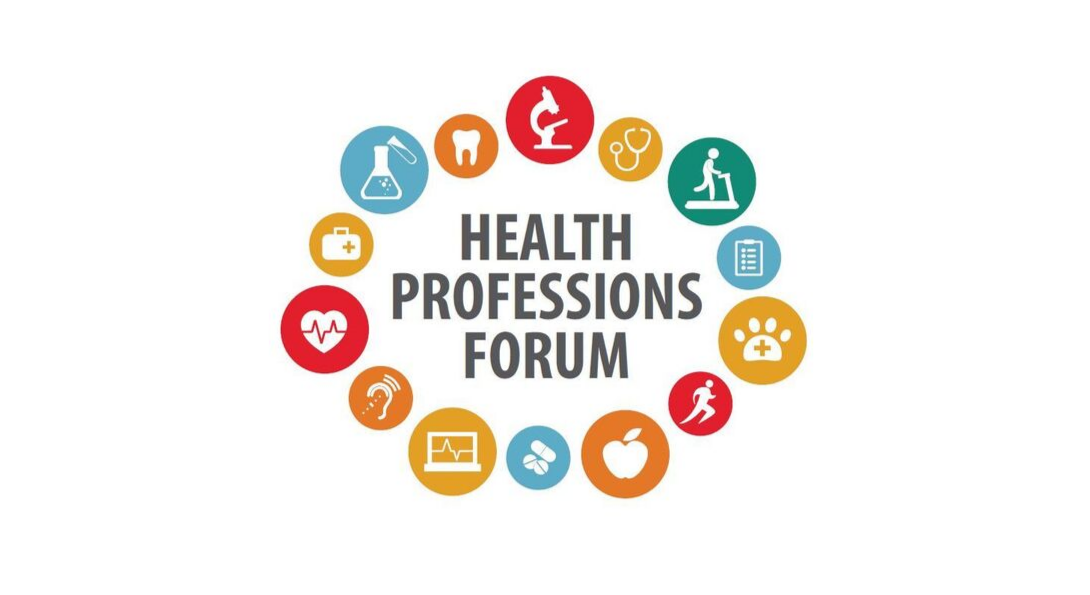 image of the words health professions forum surrounded by circle icons representing health fields