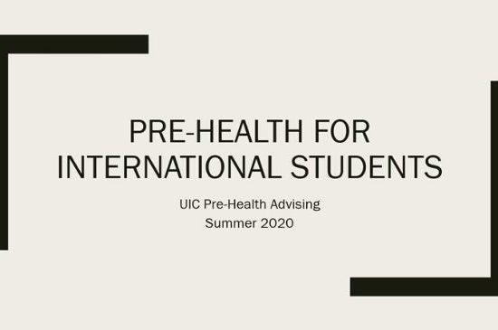 title slide of presentation with the title Pre-Health for International Students