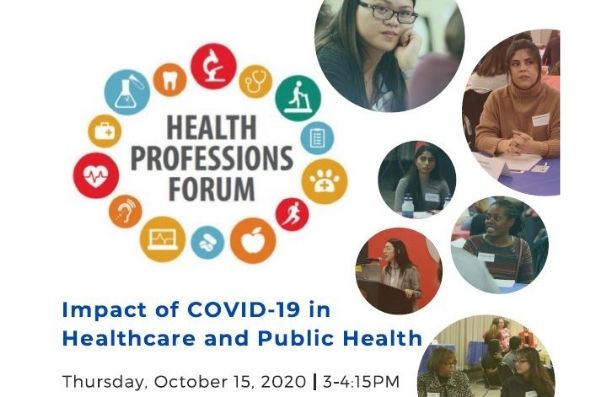 health professions forum logo with photos of students and words impact of covid-19 in healthcare and public health