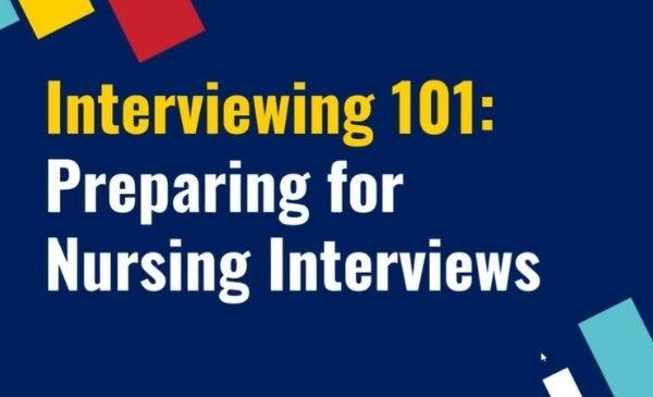 title slide; dark blue background with words Interviewing 101: preparing for nursing interviews