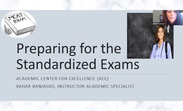 first image slide with words preparing for the standardized exams on a gray background
