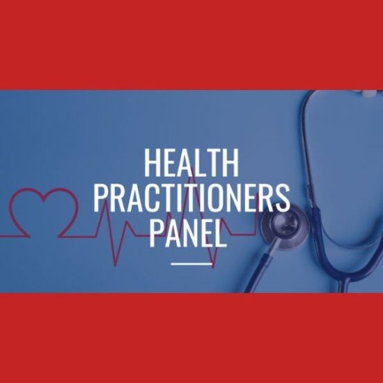 Words Health Practitioners Panel overlaid a blue background with a stethoscope and a heart beat pattern in the shape of a heart